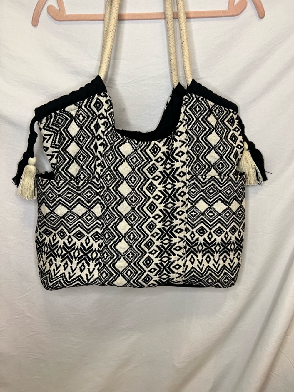 Black & Tan with Shimmer Geometric Tote Bag with Rope Handles